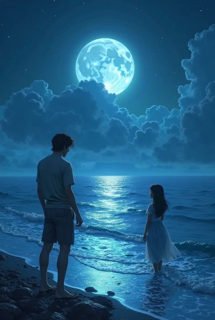 Sea and full moon，Silhouette of man and woman，Highest quality，masterpiece