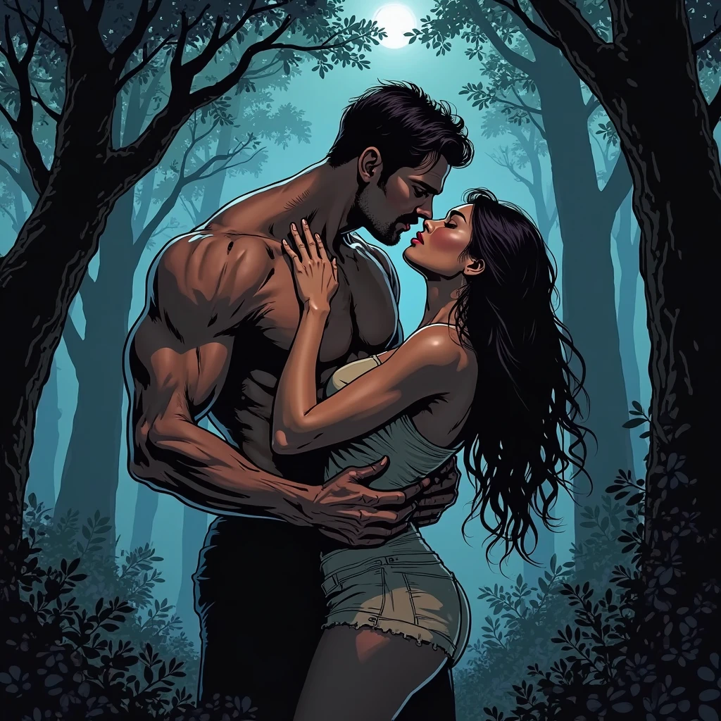 a woman having sex with a man in forest, rloiselstyle <lora:Loisel_NSFW_v3:0.7>