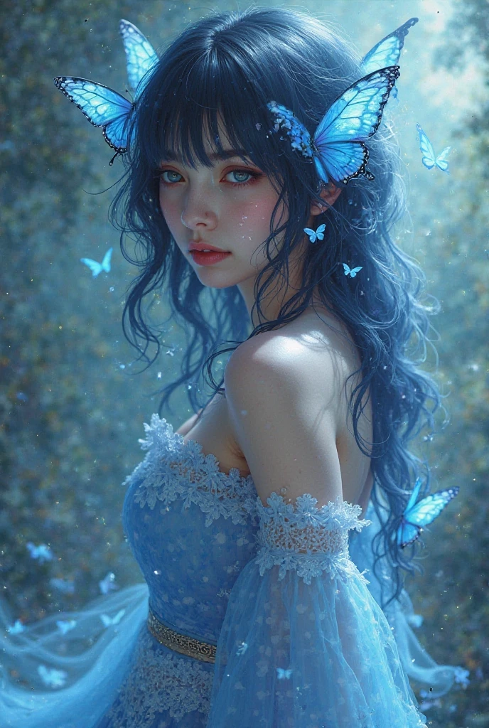 a mystical image with little butterflies, blue smoke
