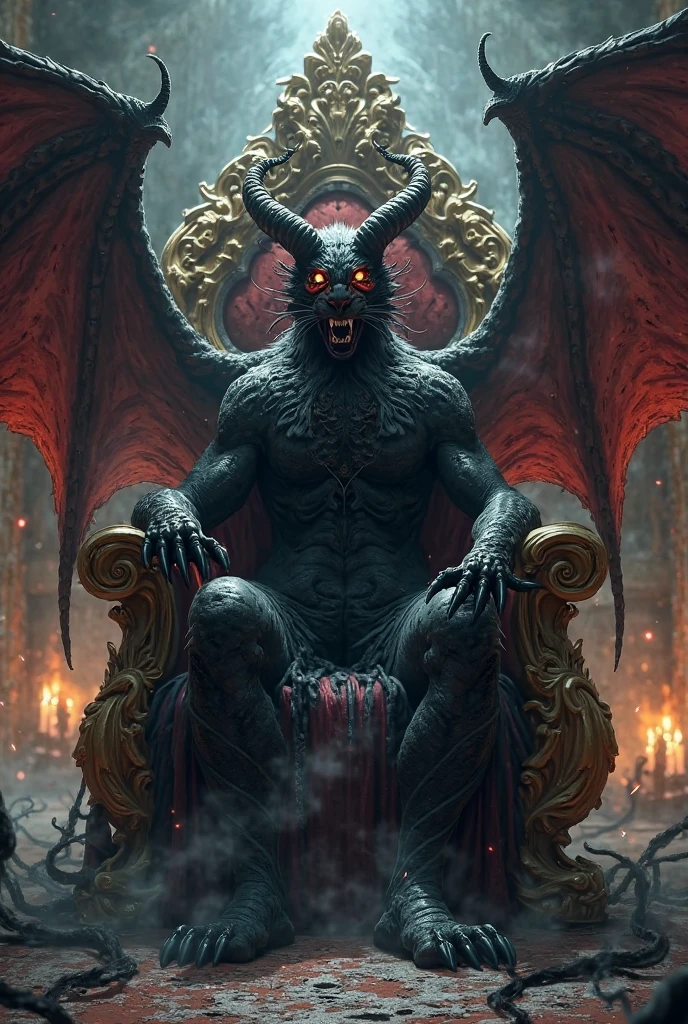 (medium full shot) of (mystical obsidian black rough stone gargoyle) with humanoid body , majestic wings, pink eyes, long horns, spines along back runic engravings, set in Throne Room, Grand hall with a collapsed roof revealing patches of starry sky, a majestic throne covered in moss and ivy, crumbling statues of long-forgotten kings, a shattered chandelier dangling from the ceiling, ornate rugs scattered across the floor, under the moonlight, ,Masterpiece,best quality, raw photo, realistic, very aesthetic