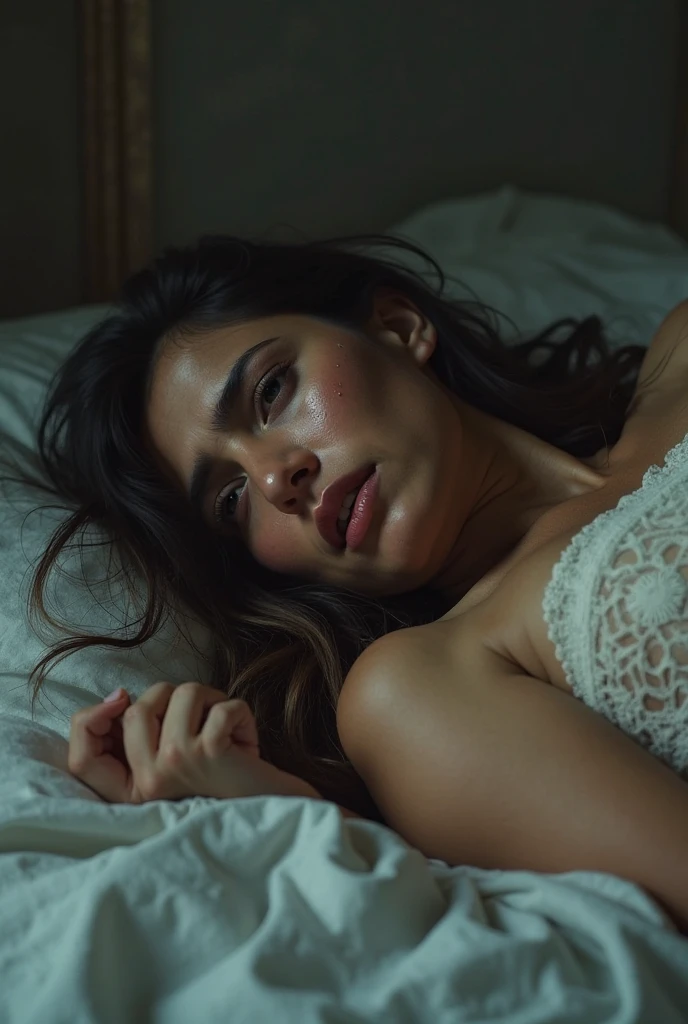 (photorealism:1.2), beautiful White pakistani woman, sleeping on bed in room, realistic sleeping view, wearing black beautiful nighty, nighty must be same in both images, big breasts, Smart healthy body, curly hairs, room inside, room inside surroundings, Beautiful background, night view, realistic, intricate details, warm dark colors, by Greg Rutkowski, by Alphonse Mucha