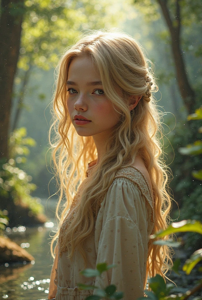 druid girl, blonde floffy hair, forest, cleavage, red lips, detailed face, model pose