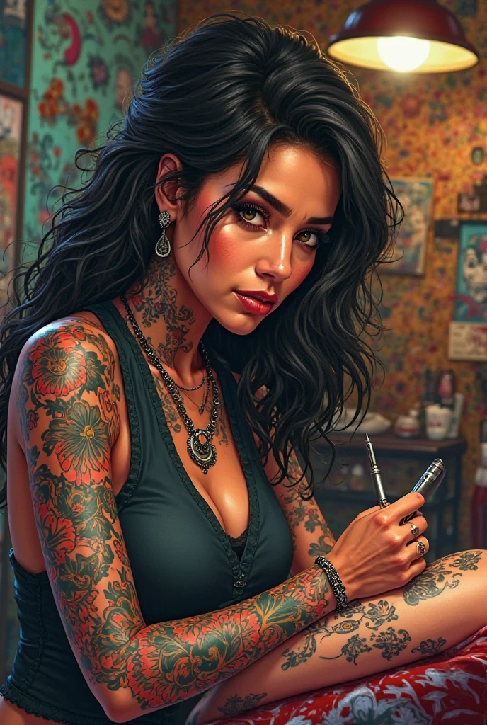 sensual woman, black hair, revealing clothes, prostitute, cour's clothing, tattooed, smoking vape, vape in hand, in bed, charming pose, looking at the viewer with charming gentle smile, best quality, good anatomy, detailed face, 4k, masterpiece, detailed eyes --auto --s2