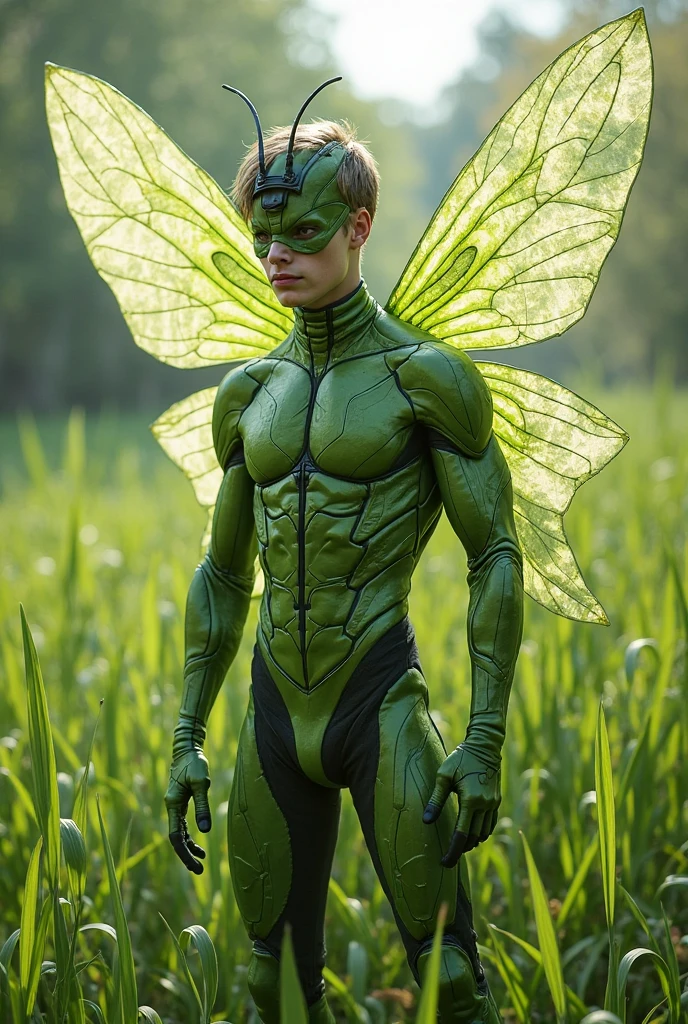 (((absurdres))) perfect whole body, ultra photorealistic, Top quality, Photorealistic, ((16k UHD)), High Definition, high res, ultra sharp, masterpiece, best quality, intricate details, detailed eyes, perfect face detailed face, masterpiece, highly detailed exquisite character art, perfectly detailed anatomy, crouch bulge (((cinematic light))), ultra-realistic (((1Male))), ((muscular)), ((bodybuilder)), ((bara)), mysterious male, transparent flowy outfit, pixie, fairy, small, flying, sitting legs spread, shaved sides, glowing, textured skin, whispering, green eyes, blonde hair, glossy face, fairy dust,