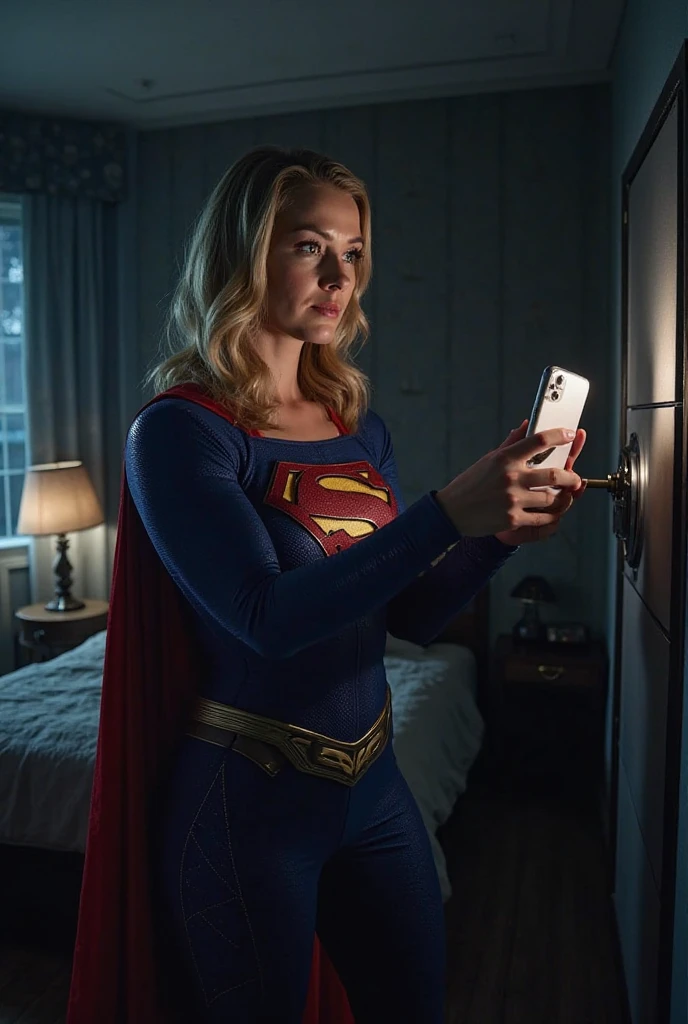 Superwoman watching phone shocked at home