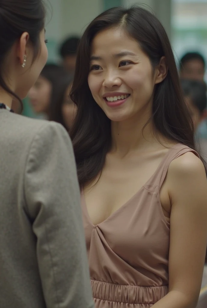 NSFW, ((highest quality, 8k, masterpiece, portrait: 1.3)), photorealism, office conference room, one mature woman, 46 years old, leaning forward posture, wrinkles on the face, wrinkles at the corners of the eyes, clavicle: 0.2, hands on desk, Dress with wide open neckline, Bra is visible from the neckline, Gaze to see the viewer, Talking to me,