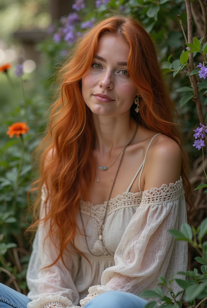 red-haired middle age woman, fair skin, grayish green eyes, freckles on her cheeks, high-quality portrait, traditional oil painting, ultra-detailed brushwork, soft lighting, vibrant colors, delicate features, expressive eyes, subtle smile, flowing red hair, unique dress, standing in a blooming garden, surrounded by colorful flowers, peaceful atmosphere, realistic and lifelike, rich texture, masterful composition.