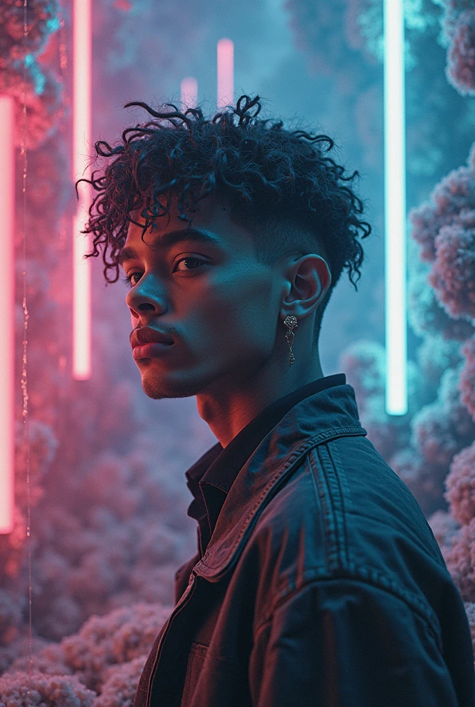 black man, man, skinny, feminine looking man, no breasts, young, naked, very curly hair, septum piercing, dimples, dominant expression, black latex bodysuit, neon lights, close-up, UHD, retina, masterpiece, accurate, anatomically correct, textured skin, super detail, high details, high quality, award winning, best quality, highres
