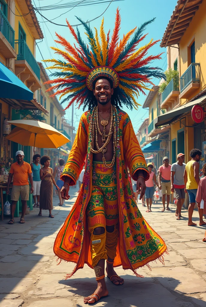 Saci pererê masculine noun [Folklore] Brazilian folklore being personified in a black man with ONLY ONE LEG, who wears a red hat, smokes a pipe at a colorful frevo party with a Brazilian flag 