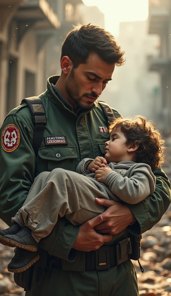 Picture of the back of a Palestinian soldier in green uniform wearing a Palestinian flag headband and face covering carrying an RPG holding his child in Gaza