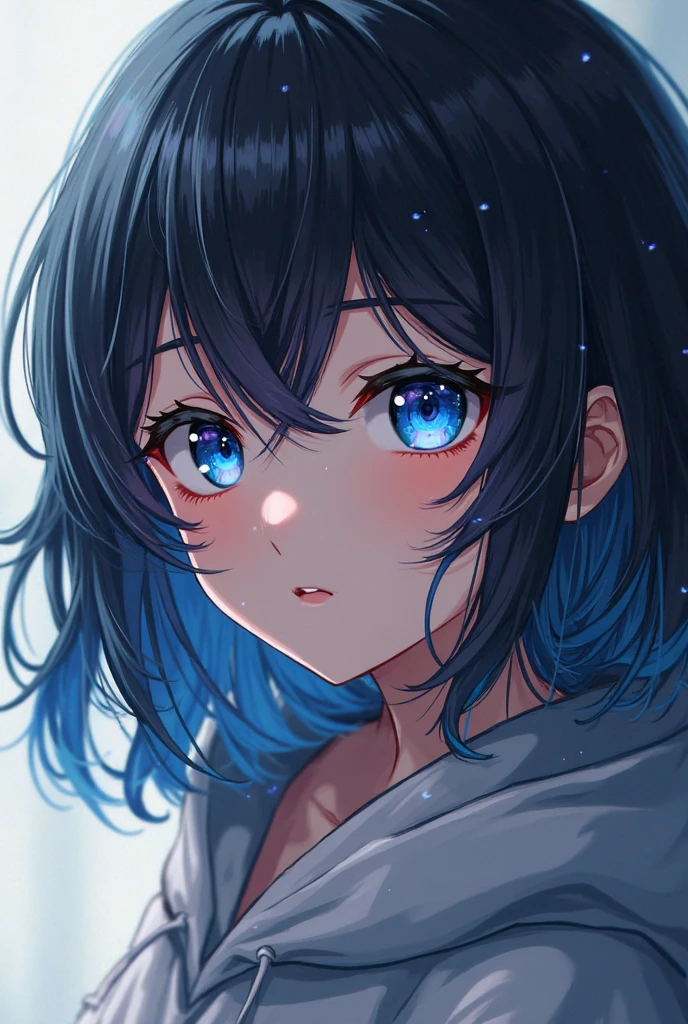 A girl with half blue semi-long black hair and blue eyes with a hoodie age 18 anime