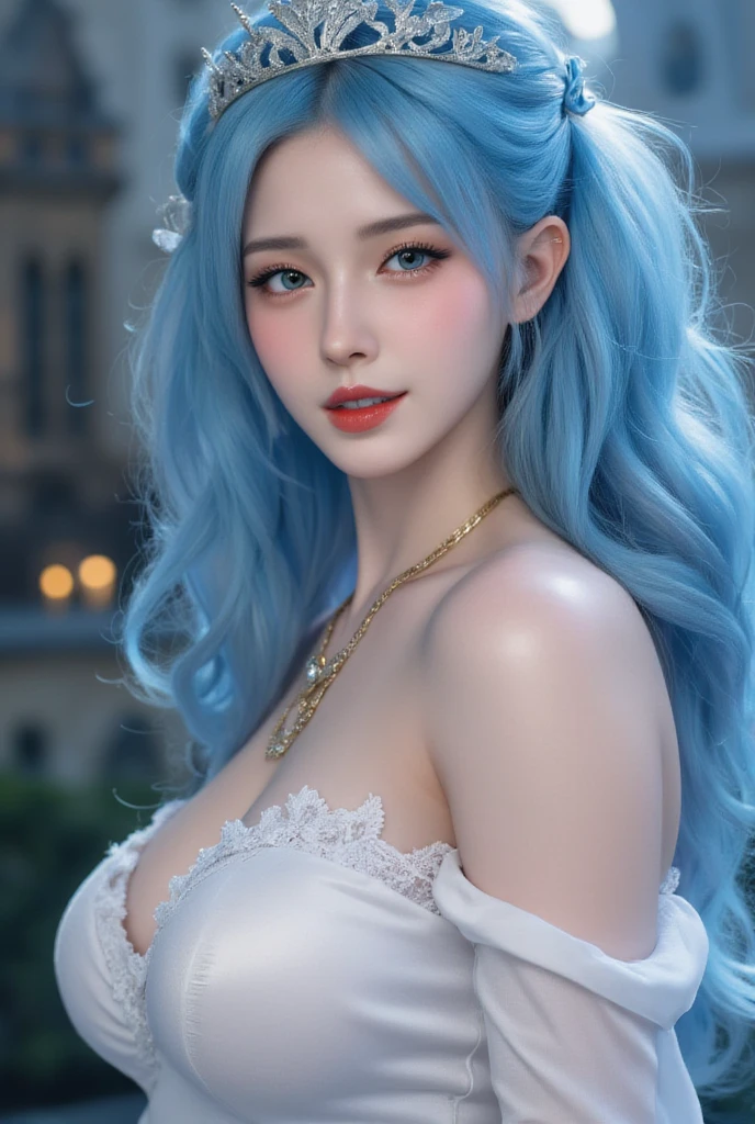 Realistic, A full portrait of a young girl, Perfect body, perfect professional pose, 20-year-old. Musical blue hair, Beautiful and realistic light blue eyes; Beautiful white teeth, Smile, Charm, Create the most beautiful and perfect face in the world, Hand-drawn, detailed, highest quality 3D 8K, Perfect white skin, Beautiful appearance, Multicolor Liquid Acrylic, Wet marble body, Michael Garmash, Daniel F. Gerhartz, Cinema Lighting, Waterfall Scenery, Volumetric lighting, Clean and smooth art, smooth pulp adventure , Gorgeous patterns, elegant organic frame, Surrealism, Masterpiece Collection, Realistic colors, Wet Gouache. Best image quality, The most detailed 8K.