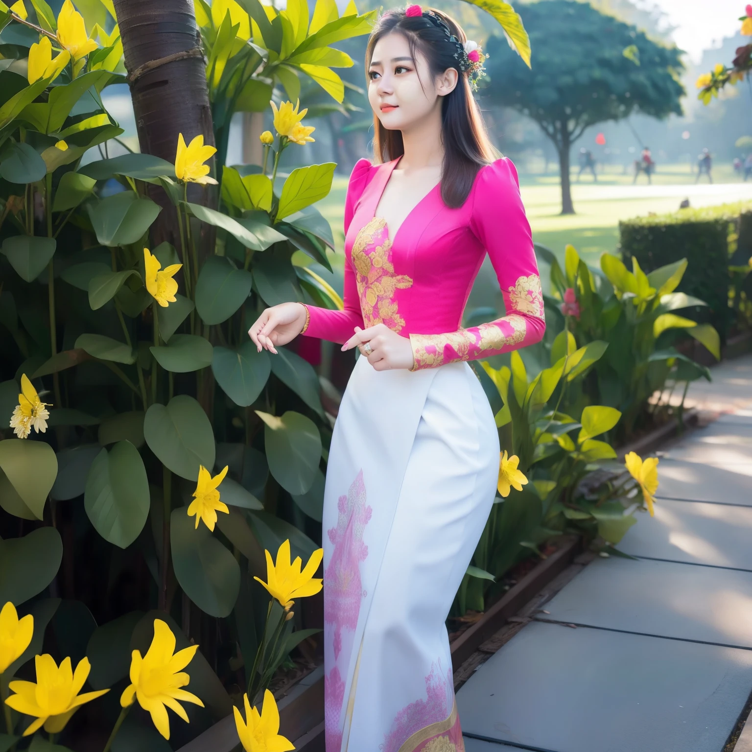 Master piece, 1 girls, solo, cinematic full light, in the park, elegant beauty, Myanmar causal, kmm, wearing kmm