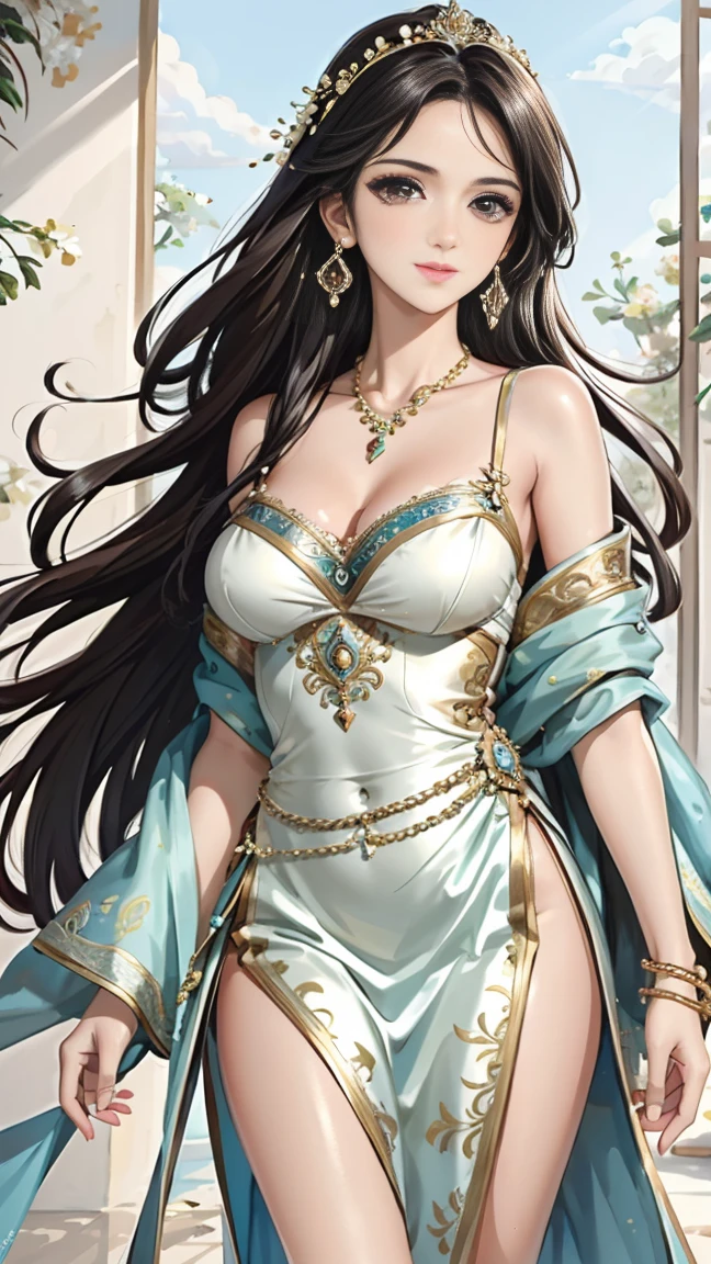 Big Breastsの女性, colored feather, metal ornaments, colored Flowers, particle, Light, (masterpiece, 最high quality, 最high quality, Official Art, Beautiful and aesthetic:1.2), (1 girl:1.3), Very detailed,(Fractal Art:1.1),(colorful:1.1)(Flowers:1.3),Most detailed,(Dynamic pose), (Abstract background:1.3), (Shiny skin), (Many colors :1.4), ,(Earrings:1.4), (feather:1.4),masterpiece, 最high quality, 30~40 years, Full Body Shot, Mature Woman, 美しい Mature Woman,Captivating smile, Thick lips, Plumpとした唇, blush, Looking at the audience, Provocative expression, Cleavage, Plump、Curvy Hips、Attractive face、Mischievous face、An inviting gaze、Expressing emotions,Standing position、Gorgeous accessories and various hairstyles,Gold headband,Ample breasts,Uneven buttocks,Greek clothing,Tulle covers the chest,Perfect balance, Detailed clothing details,Temple,Lighting, Film Grain, contrast of Light and dark, 8k, masterpiece, Very detailed, Attention to detail, high quality, High resolution, masterpiece, 最high quality, Very detailed, Big Breasts, Are standing, Cowboy Shot, Looking at the audience, Outdoor, blush, 1 girl, (masterpiece:1.3), (High resolution), (8k), (Very detailed), Perfect Face, Beautiful eyes and face, (((最high quality))), (Very detailed), Detailed face and eyes, (alone), High resolution、Beautiful eyes,(((Sexy pose)))、(((Full body depiction)))