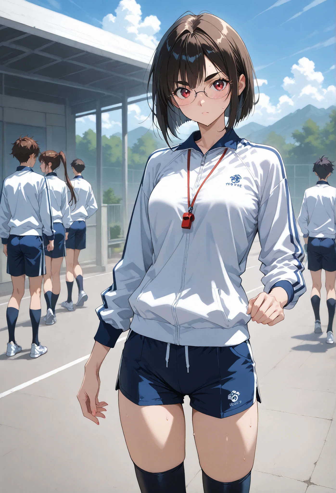 glasses、School teacher、、土のGround、(Ground)、Lots of male students 、(Thick eyebrows、thick eyebrows)、(long sleeve sportswear 、sports shorts)、、 ( short bob style)、、、 Female Teacher、Outdoors、 to sit、beautiful 、、very small breasts、、masterpiece、best quality, , stockings, , Steamy sweat, , Narrow eyes、 motion line, Speedline , school yard、 blow the whistle