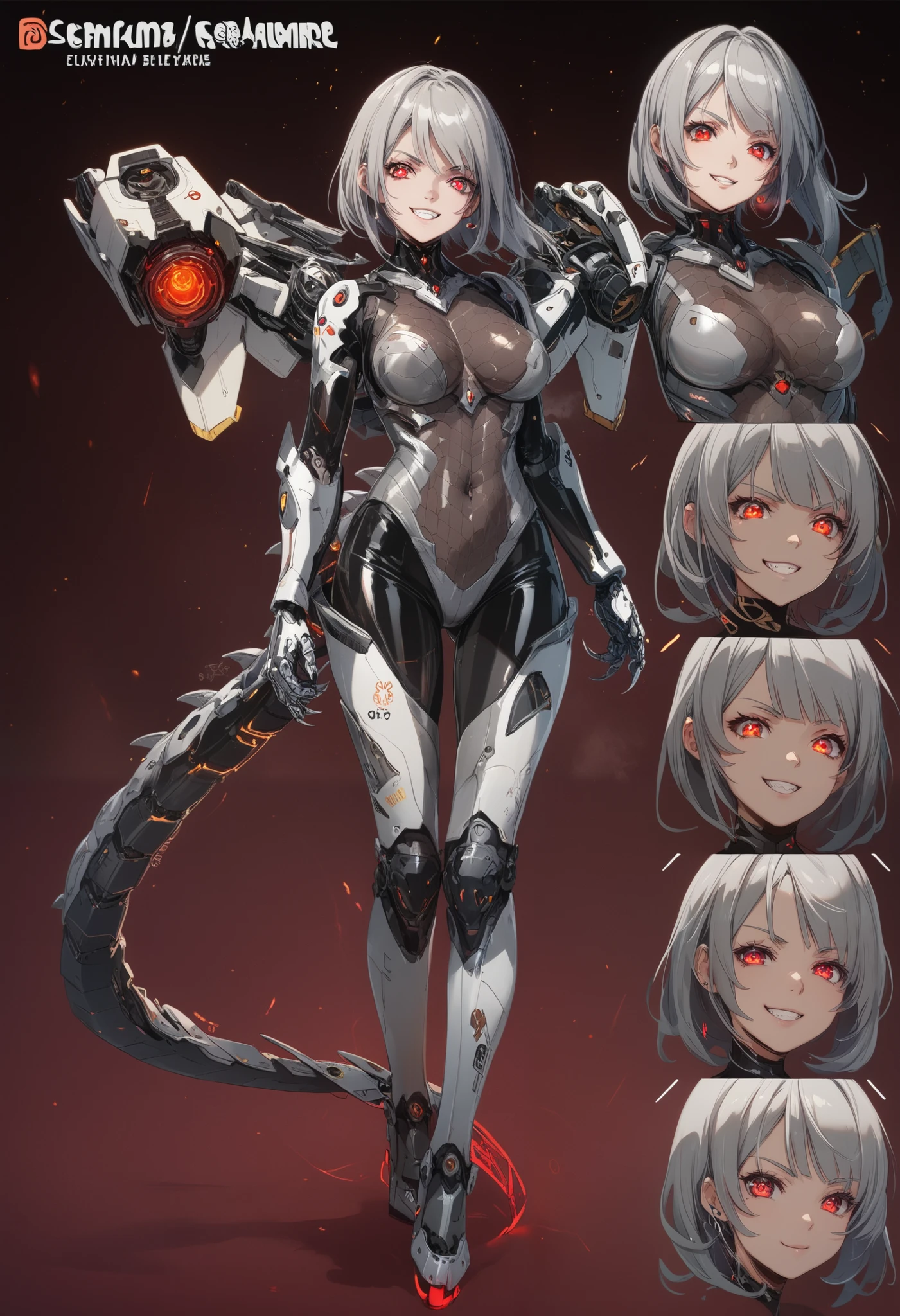 Mechanical Weapon Girl. (Close-up)Full body bodysuit. Latex. Cyber style. Honeycomb pattern bodysuit. Light armor. Look of contempt. Evil smile. Grey hair. Breasts perky. Glowing red eyes. Glowing core. A mechanical monster in the background. Large mechanized hands. Sharp claws. Mechanical dragon tail. Weapons on the back. Battleship elements.