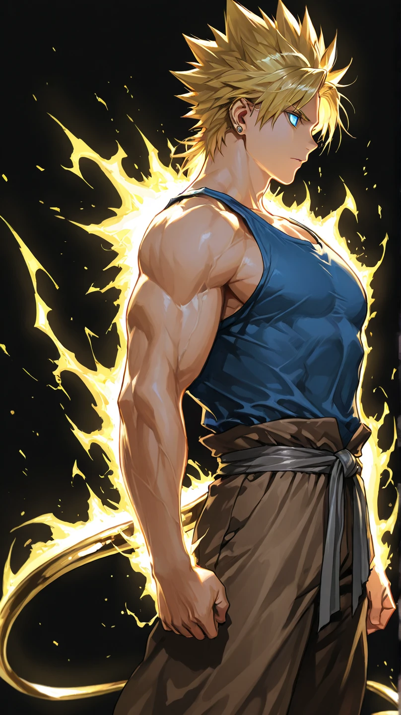 son Goku,Goku face,black orange kimono,hand cross,fuzzy background,angry expression,cartoon,rope tied on his waist, masterpiece,8k resolution , muscular