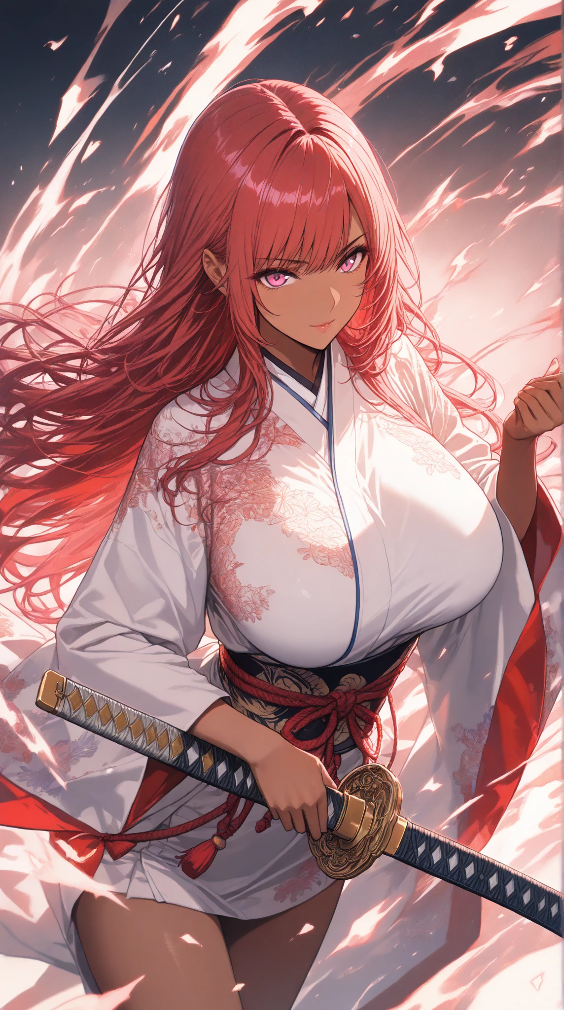 Red long ponytail、Fox ears and nine fox tails of the same color as her hair、A sword with a burning blade、A man wearing a red jacket and hakama、Very large bust、Cherry blossoms and flames scatter、お姉さん、Masterpiece、8k