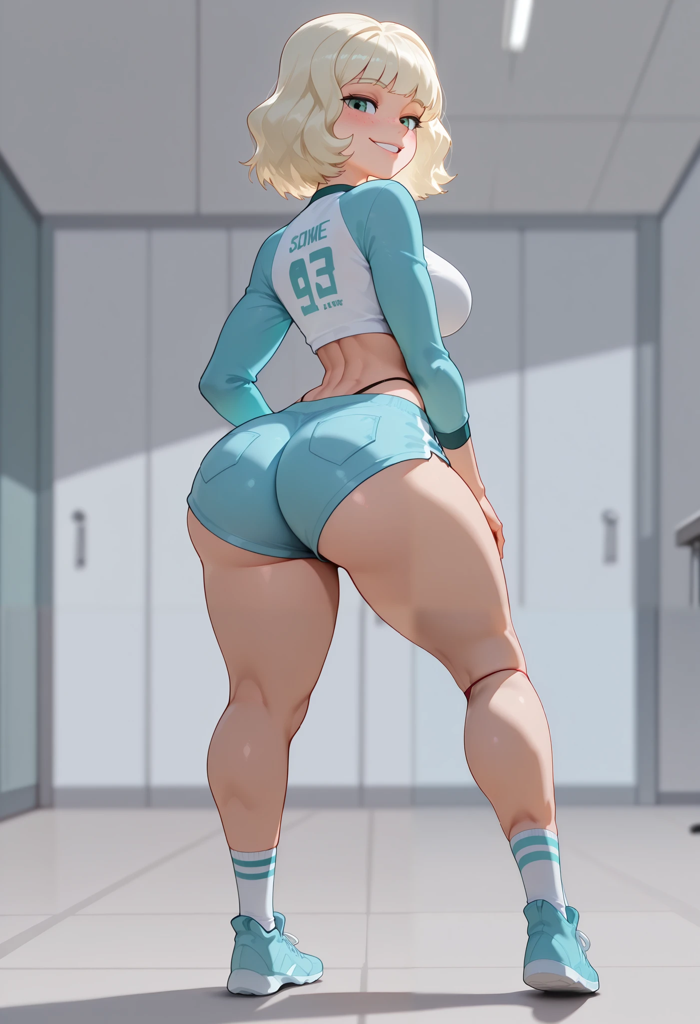 (((Best Quality, 8K, Masterpiece: 1.3)), Full Body, Focus Clear: 1.2, Outstanding Beauty: 1.4, Slender Abs: 1.2)), ((dynamic angle)), (((wide view))), wide-angle lens, extremely detailed, CG, 8k Amazing, finely detail)), (intricate details, depth of field), 8k UHD, ((amazing quality,very aesthetic,absurdres,best quality,newest, masterpiece, ultra detailed, best quality, beautiful face, perfect anatomy, anatomically correct, athletic sexy body)), Expressiveh, (cute face, cute body))), (((Jackie Lynn Thomas , blonde hair , medium hair , green eyes , freckles , large breasts , slim sexy body , curvy hips , seductive pose , flirting , naughty face , blush , looking at viewer , happy smile , joy , (crotchet shirt , long sleeves , blue shorts shorts ,((((highleg thong))), socks , sneakers))), ((medium breasts, slim sexy body, curvy hips, seductive pose, flirting, naughty face, blush)))), (((looking at viewer, happy smile, joy, cowboy shot, dynamic pose)))), curvy, toned, athletic, ((side-view:1.3)), ((((seductive pose, sexy pose, cowboy pose, hourglass figure)))), ((precise face and eyes:1)),, ((high resolution)) , ((solo portrait)) , ((above view)) , {(attractive figure) , (((beautiful legs))), (((side-view))), (((((solo, standing, parted lips, looking back)))))), (( view from behind, focus her back, view from the back, in a gym, working out, bending over, her back is to us, toned shape, shot from behind, shot from the back, ass focus)))), ((((((rear view)))))