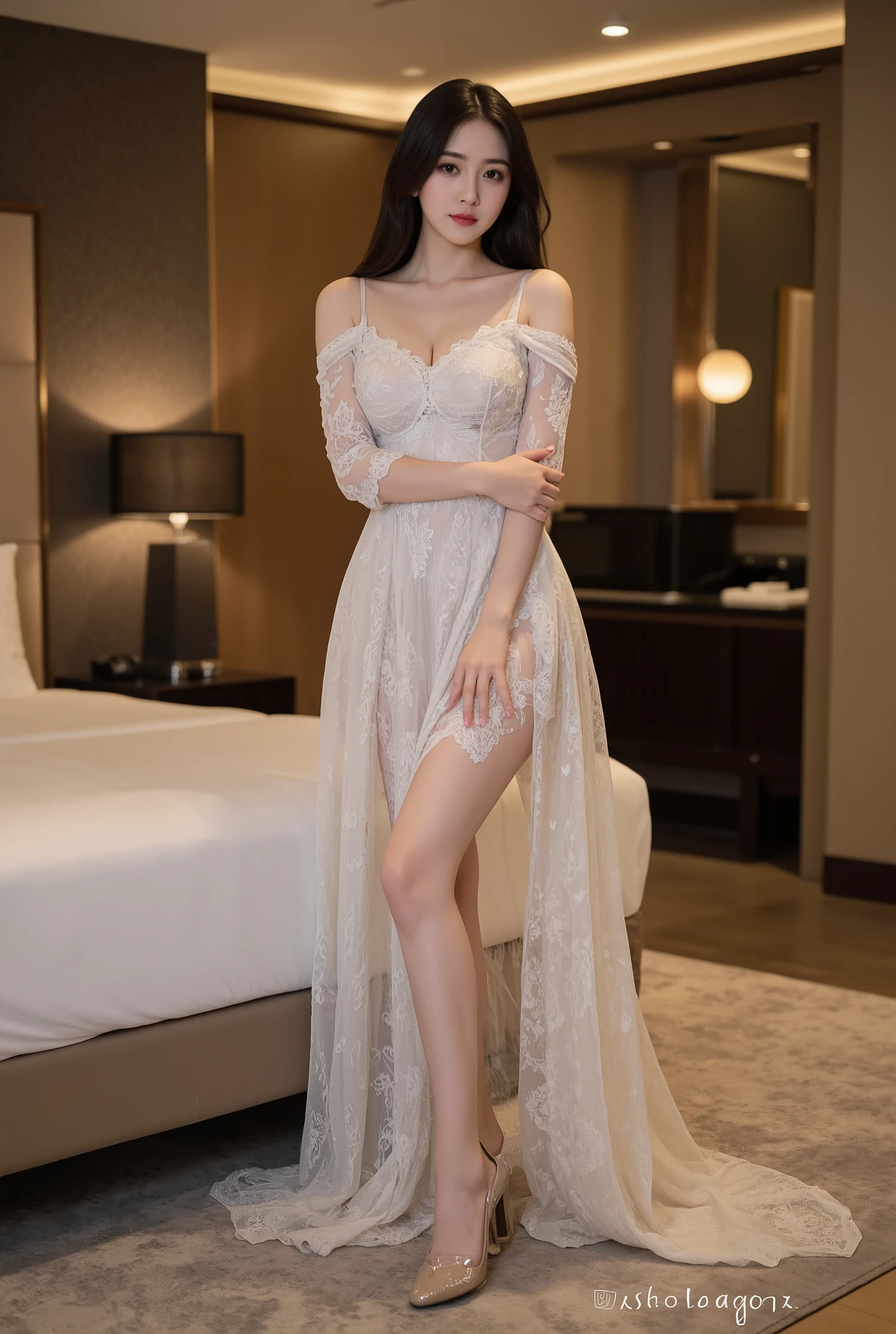 Cute girlfriend crossing her arm with long dress night gown front door