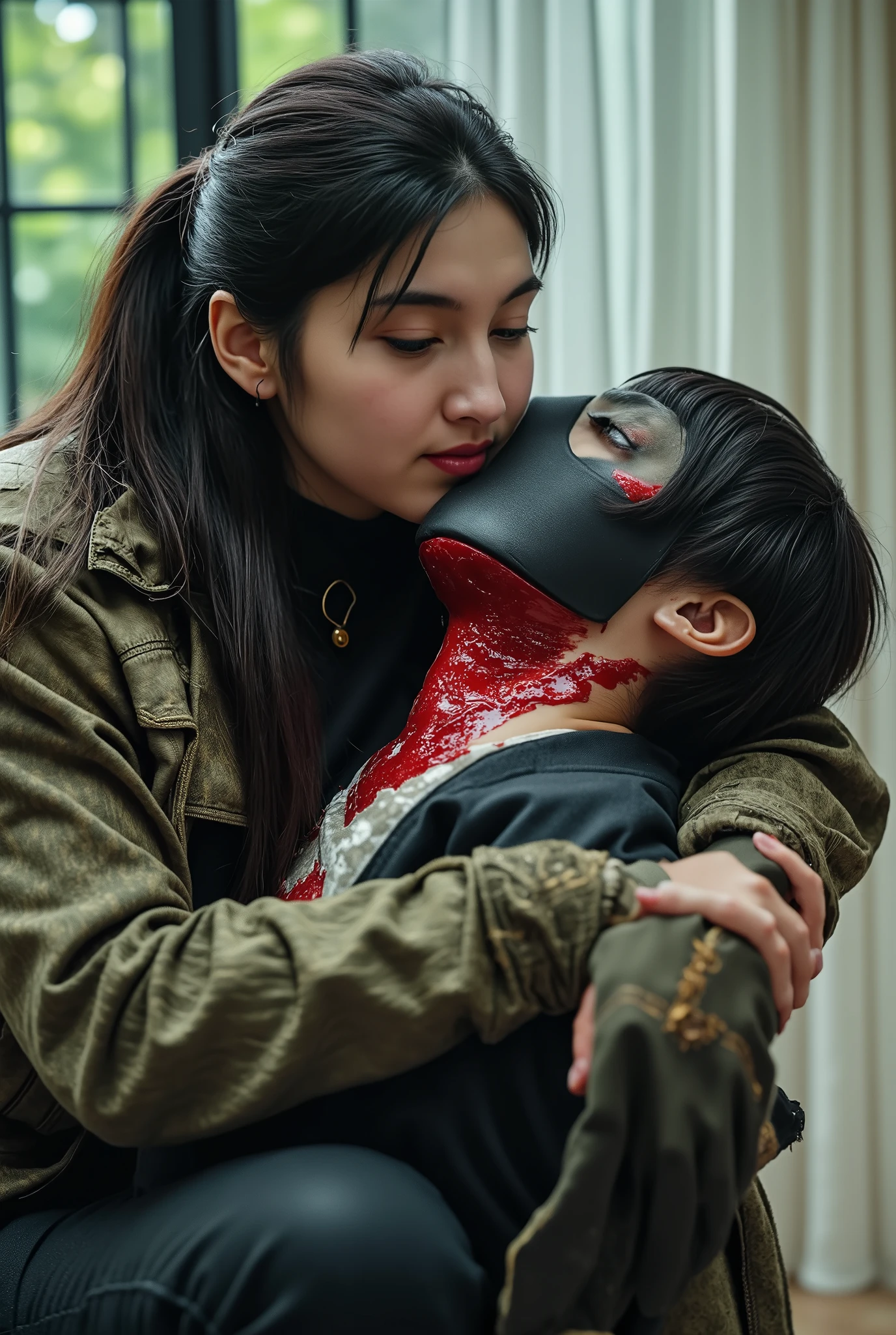 Realistic, A Very beautiful woman, cut throat a boy, boy full face mask close, neck bloody splash, neck slashed, throat contents, boy dead, woman deadly knife, woman very thick hair, woman rich beauty, woman kill boy, woman military