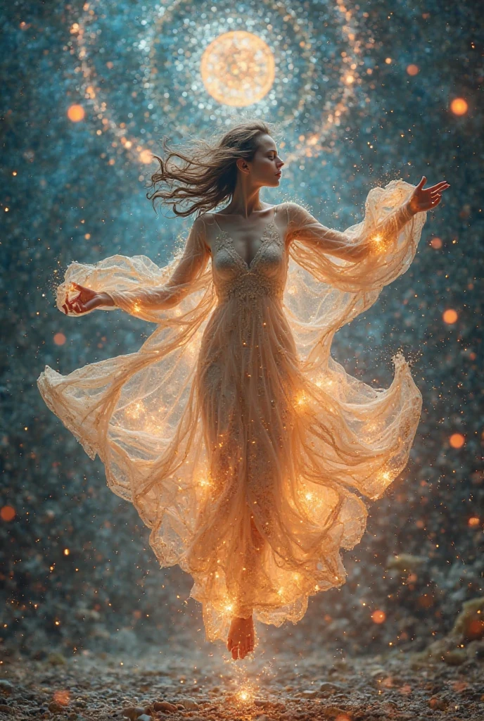 Digital painting by MSchiffer of a female Goddess, her physical body is transforming into smoke, wearing elegant robes as clothing that flows in the air in a waving way, perfectly detailed delicate face, soft features, the environment is the heart of a heavenly forest with trees and vines made out of nebulas and stars, in a classical style, celestial and cosmic, bold colors, soft billowing smoke, glowy cosmic flowers, billowing, cinematic lights, fantasy art, surreal, high contrast, HDR+, bokeh effect, cosmic, cosmos, nebula