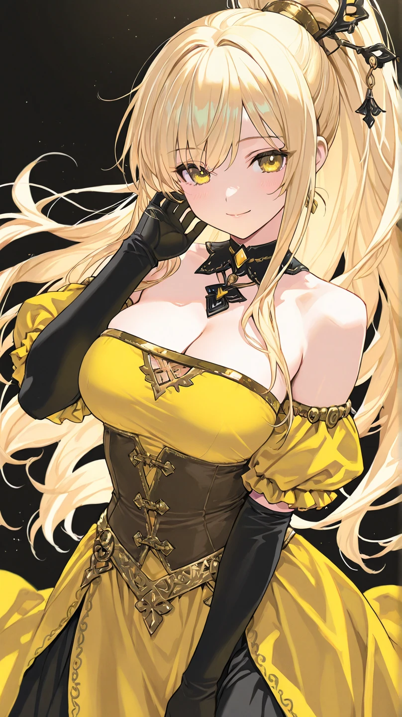 yellow hair、black eye、Fiery beautiful uniform、beautiful limbs、Girl with thick thighs、shot from below、Low - Angle、Composition examination、condescending smile、eyes of darkness、Big Eyed Girl