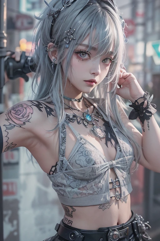 One Girl, Gray Hair, Long Hair, Techwear masterpiece, highest quality, Realistic, Dark purple jacket, Portraiture, fine grain,  Platinum Hair, 21 year old girl, Fashion pose, Half Body, Wide Shot, on the road, cyber punk,(((He has many tattoos all over his body)), (((Tight waist))), ((Big Breasts)),(See-through)，panties