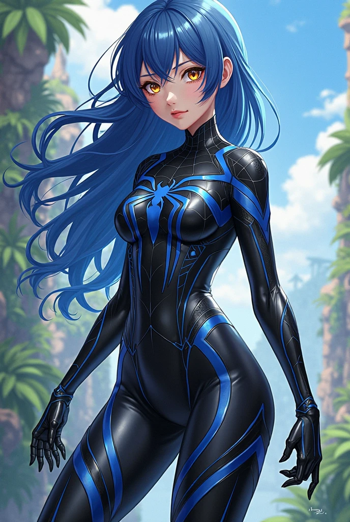 (((Masterpiece))), best quality, ultra-detailed CG unity 8k wallpaper, (1person:1.3), woman, black emo scene hair, blue eyes, full body black and blue spider man suit