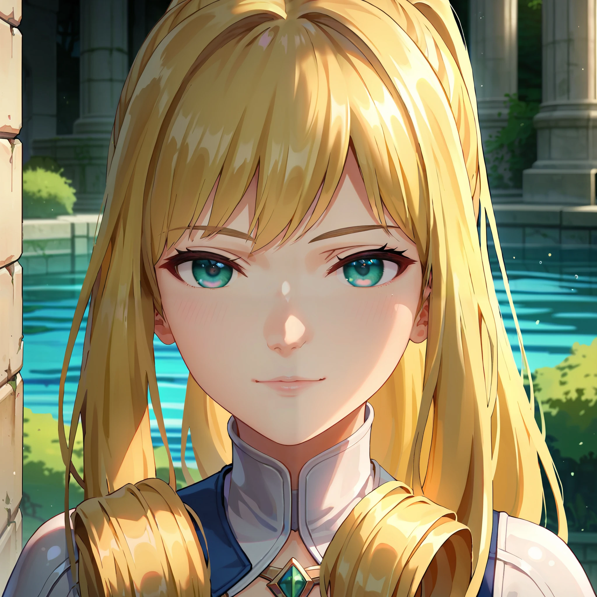 score_9, score_8_up, score_7_up, 1girl, solo, portrait, close-up, ,, melia antiqua,medium hair, teal eyes, ruins and water background ,blonde hair,golden hair,perfect hair,glossy hair,smooth hair,shiny hair,,detailed hair,cowboy shot,slim body,small breast,young face,delicated face,delicated body,full body,cowboy shot,perfect body,perfect legs,perfect waist,slim body,ponytail,shiny eyes,,delicated face,delicated body,young girl,very light smile,slightly closed eyes,seductive expression,sexy eyelashes