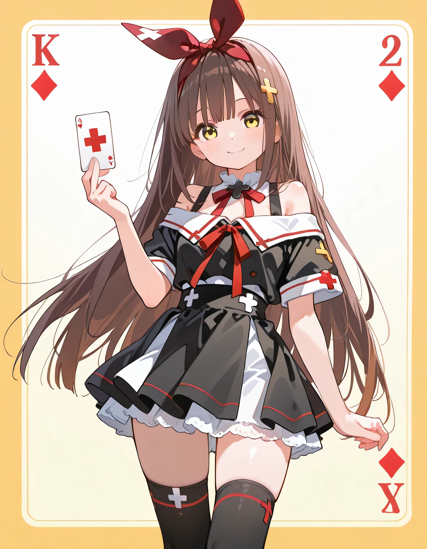 (frontview),(looking at viewer:1.3)solo,1girl,18years old,red brown long straight hair with under hair bow,bangs,natural cosmetic,cute face,(offshoulder white++ clothe with red ribbon line+),black mini skirt with red ribbon line,(costume of small red cross decoration),zettairyoiki:1.3,black knee high socks,smile,(have playing cards by one hand),soft lineart, (yellow color background),memorial shot,nostalgic scene,