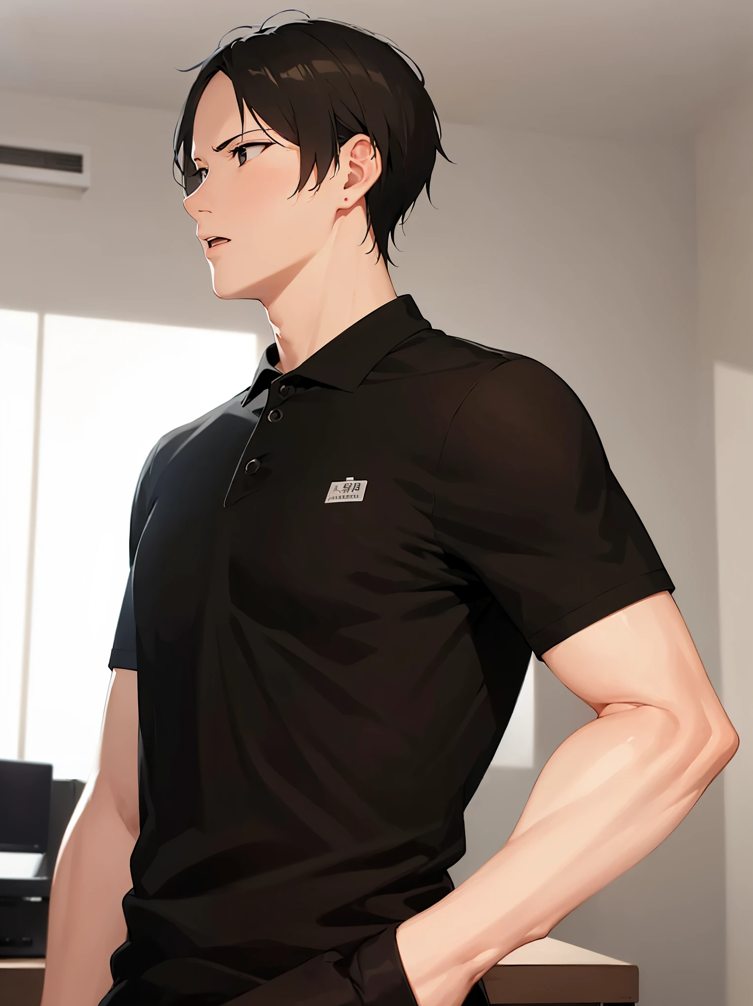 side angle,(looking away:1.5),looking up,Japanese manga style,shiny skin,Masterpiece, top quality,(33 year old male: 1.5) and (short black hair) and,BREAK(black polo shirt)BREAK,(surprised),(open mouth),The background is the office room,(alone:1.5),cowboy shot