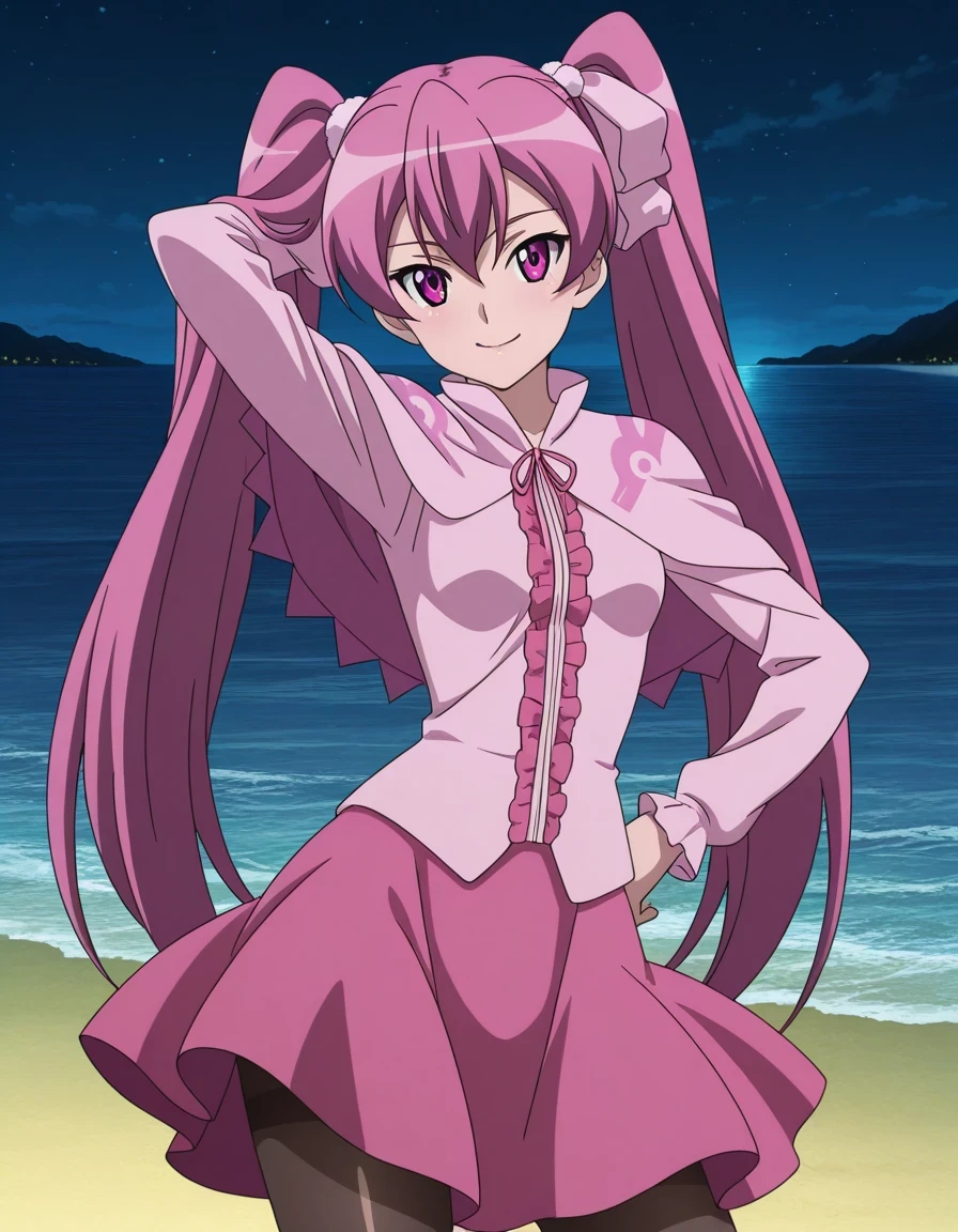mine, long hair, twintails, pink hair, pink eyes, small breasts, mature female, anime screencap, dress, pantyhose, pink dress, capelet, pink capelet, pink skirt, skirt, long sleeves, shiny skin, solo, night sky, beach, hand behind head, hand on hip, ((contrapposto)), closed mouth, cowboy shot, looking at viewer, smile, best quality,