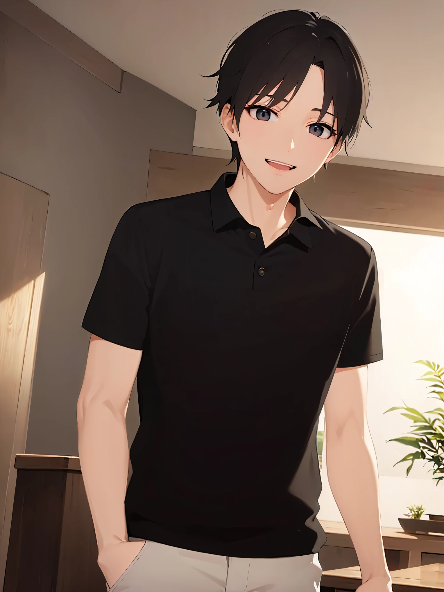 masterpiece, best quality, Japanese manga style,shiny skin,Masterpiece, top quality,(33 year old male: 1.5) and (short black hair),BREAK(black polo shirt)BREAK,(smile),(open mouth),inside the living room,(alone:1.5),standing