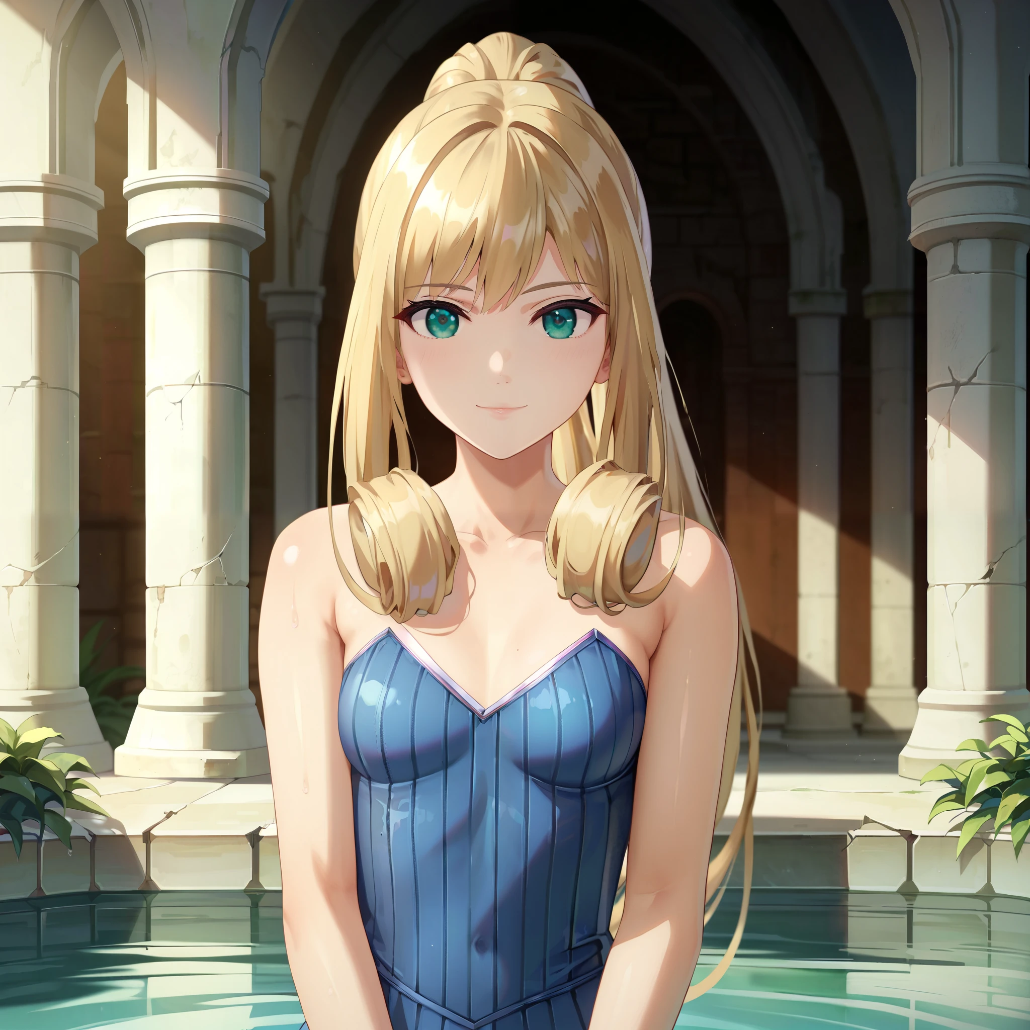 score_9, score_8_up, score_7_up, 1girl, solo, portrait, close-up, ,, melia antiqua,ahort hair, teal eyes, ruins and water background ,blonde hair,golden hair,perfect hair,glossy hair,smooth hair,shiny hair,,detailed hair,cowboy shot,slim body,small breast,young face,delicated face,delicated body,full body,cowboy shot,perfect body,perfect legs,perfect waist,slim body,ponytail,shiny eyes,,delicated face,delicated body,young girl,very light smile,,platinum blonde hair,very light smile