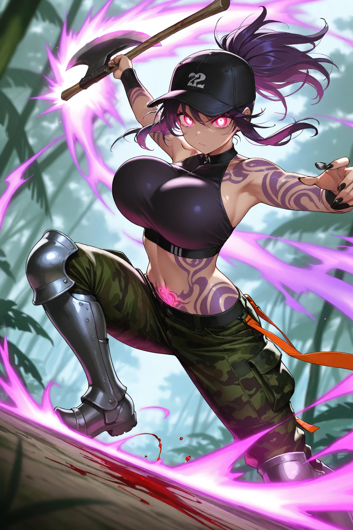 candid shot, woman warrior in her early twenties is training alone in the jungle, short hair, dark purple hair, yellow eyes, lips, tan skin, sweaty skin, soaked, raining, upper body, hips, aesthetic body, toned abs, wearing primitive looking clothes, (insanely detailed, beautiful detailed face, masterpiece, best quality)