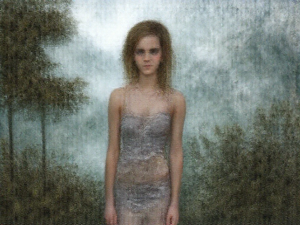 alone in the universe, Paint in watercolor style, Photorealism, discreet golden and ruby and mint shades, (nude) gentle modest thin girl 16 years old (with a very beautiful exquisite face) with tender nipples with blond hair walking barefoot in the distance (around the southern town) early morning (along the houses)