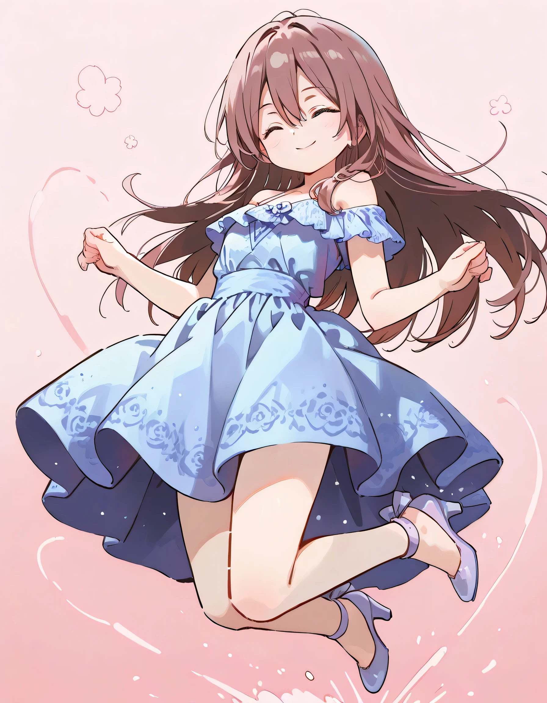 (dynamic jumping pose),(closed eyes smile),solo,1girl,18years old,red brown long straight hair,hairs between eyes,natural cosmetic,cute face,(offshoulder deep blue party dress),high heels,soft lineart, (pastel pink color background),memorial shot,nostalgic scene,