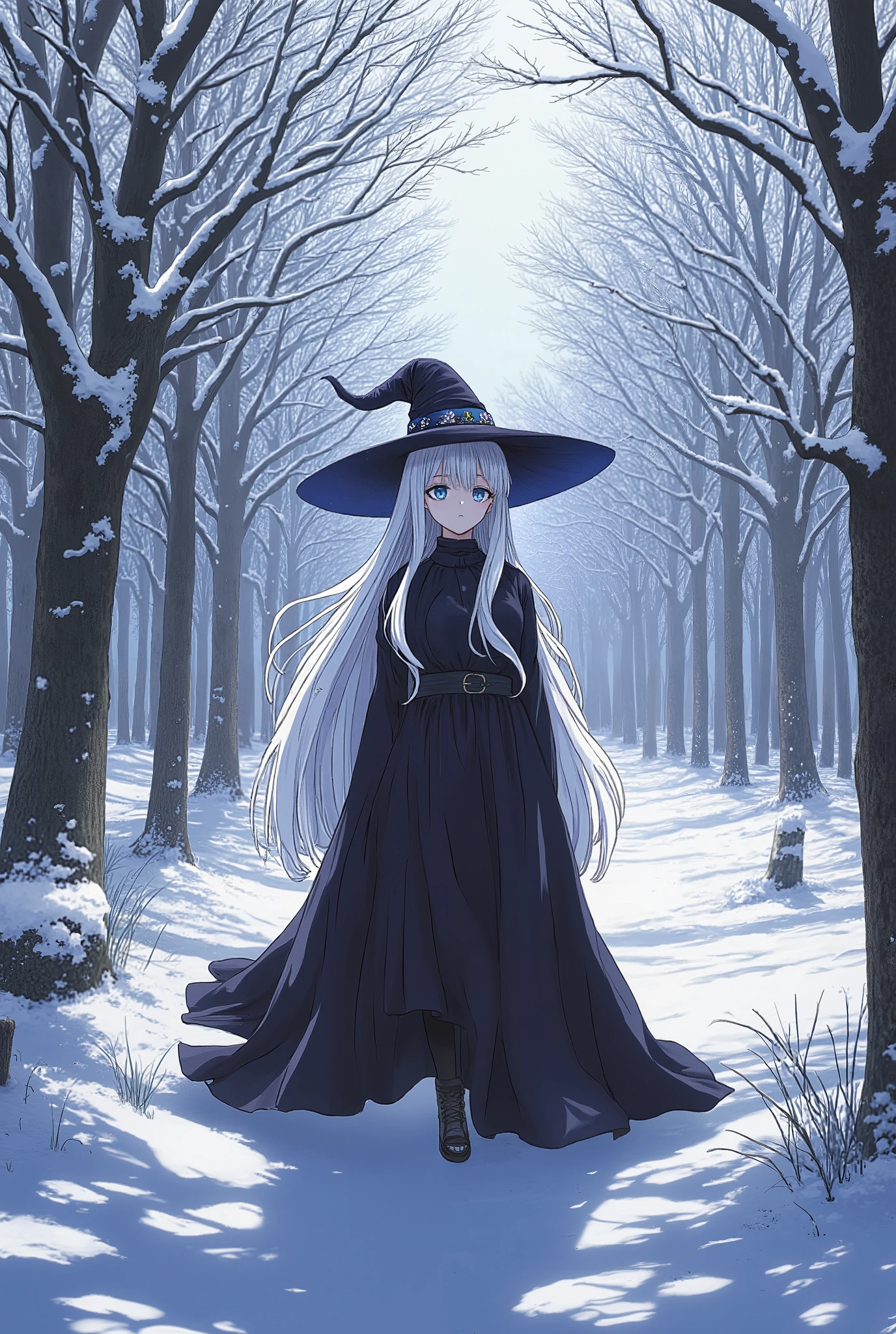 Female character with extremely long white hair that reaches her thighs, witch hat and robe, Anime Style,  in a snowy forest , seen from top to bottom