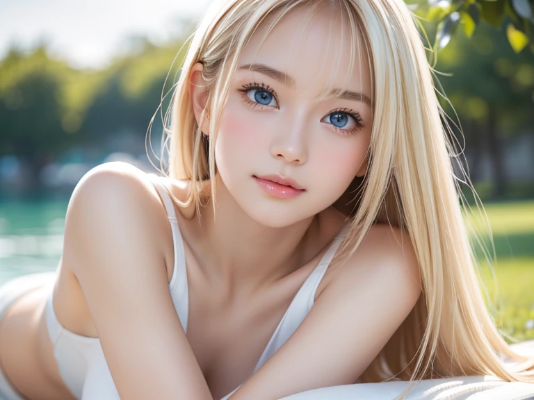 True Photo Quality、Extraordinary sexy beauty、Beautiful calm and bright expression、Sexy refreshing look、Long bangs that fall on a perfect beautiful cute face、Super long platinum blonde straight silky hair、blonde on a beautiful face、Very cute beautiful sexy young little woman、Very perfect beautiful cute face、Beautiful bright sky blue eyes、Very big eyes、bangs over eyes、Hair above one eye、Hair between the eyes、Very radiant white skin、Cheek gloss