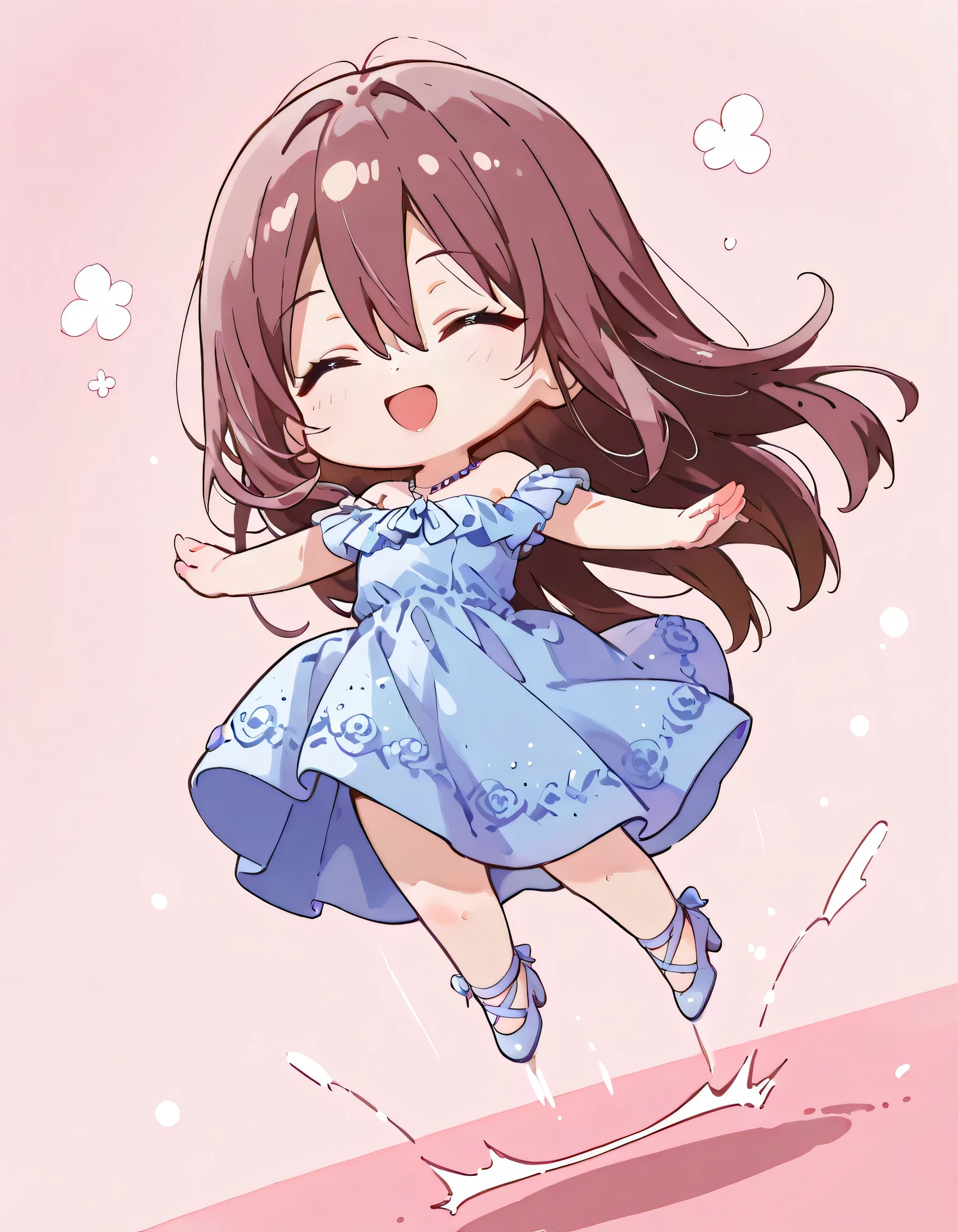 (chibi,fullbody),(dynamic angle,dynamic jumping pose),(closed eyes smile,open mouth happy),solo,1girl,18years old,red brown long straight hair,hairs between eyes,natural cosmetic,cute face,(offshoulder deep blue party dress),high heels,soft lineart, (pastel pink color background),memorial shot,nostalgic scene,
