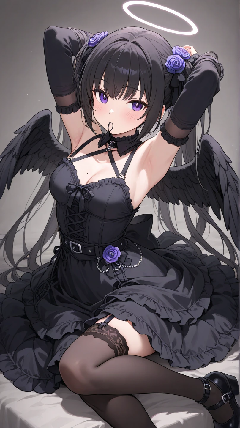 top-quality、Top image quality、​masterpiece、girl with((Black Dress、silver leg arms、Shining red body line、sixteen years old、teen ager、cute little、Best Bust、big bast,Beautiful shining purple eyes、Breasts wide open, white  hair、Black wings,Longhaire、A slender,Large valleys、belligerent movements,sharp claws、anchor chain、chain、chains、Laugh、Niō Standing)),hiquality、Beautiful Art、Background with((kosmos)))、Depth((cinnabar)),masutepiece、depth of fields,Cinematic style