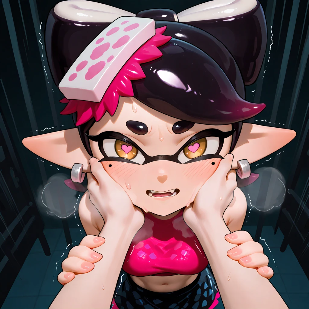 1girl,heart-shaped pupils,callie form splatoon,hands on lips,upper body,trembling,sweat,sweatdrop,heart,(speed lines:1.1),medium breasts, ((heavy breathing:1.3)), love, heart, red crop top, black tight skirt, mad, disappointed , looking at viewer, torture devices in background,callie form splatoon,i grab her face, grab face pov, pov grab face, i grave her face, my hands are on her face, the viewer's hands grab her face, the viewer's hands are on her cheeks, head grab, grabbing cheeks, grabbing with both hands, pov, standing
