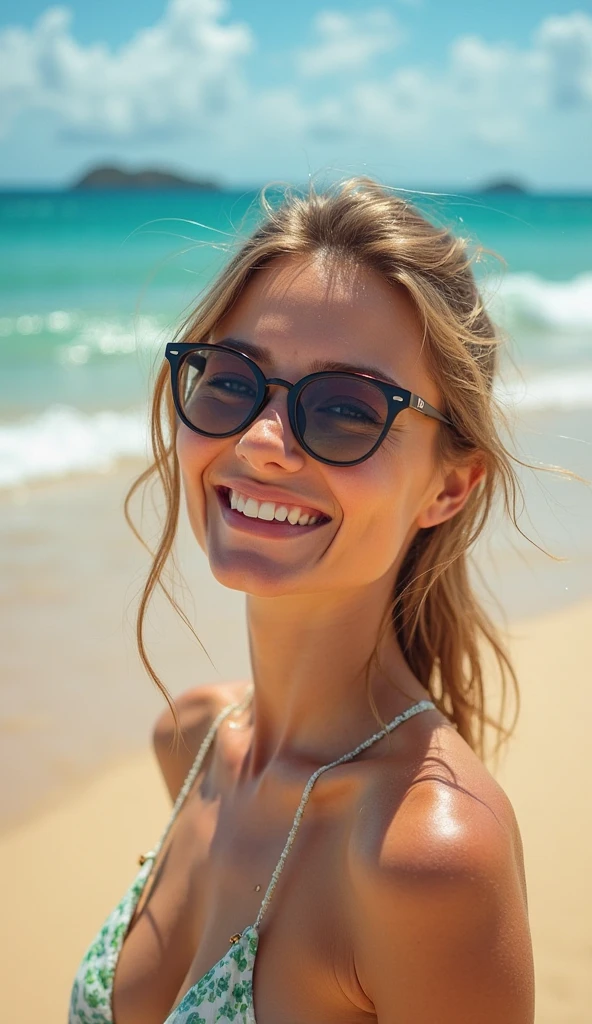 A 13 year old girl with brown eyes, favorite colors blue and purple, black glasses, open neon bikini is on a beach