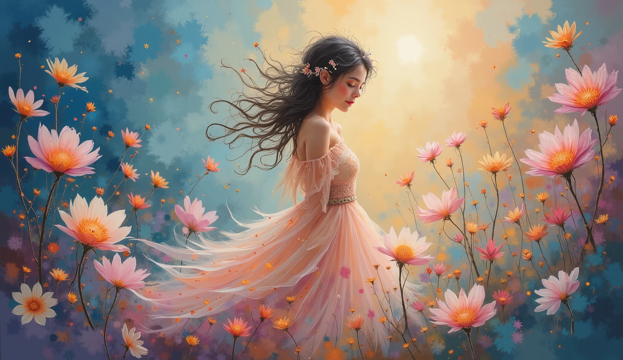 An illustration of an ethereal female figure surrounded by delicate glowing flowers, with a dreamy abstract background blending soft blues and lilacs, creating a magical atmosphere. The light from a golden glow illuminates her flowing dress, casting a radiant shine. The flowers have fine details, vibrant colors, and realistic textures. The scene evokes fantasy, painted in the style of art by Alphonse Mucha, with a soft, pastel color temperature and a glowing light. The atmosphere is otherworldly, with a serene, gentle mood --v 5 --stylize 1000