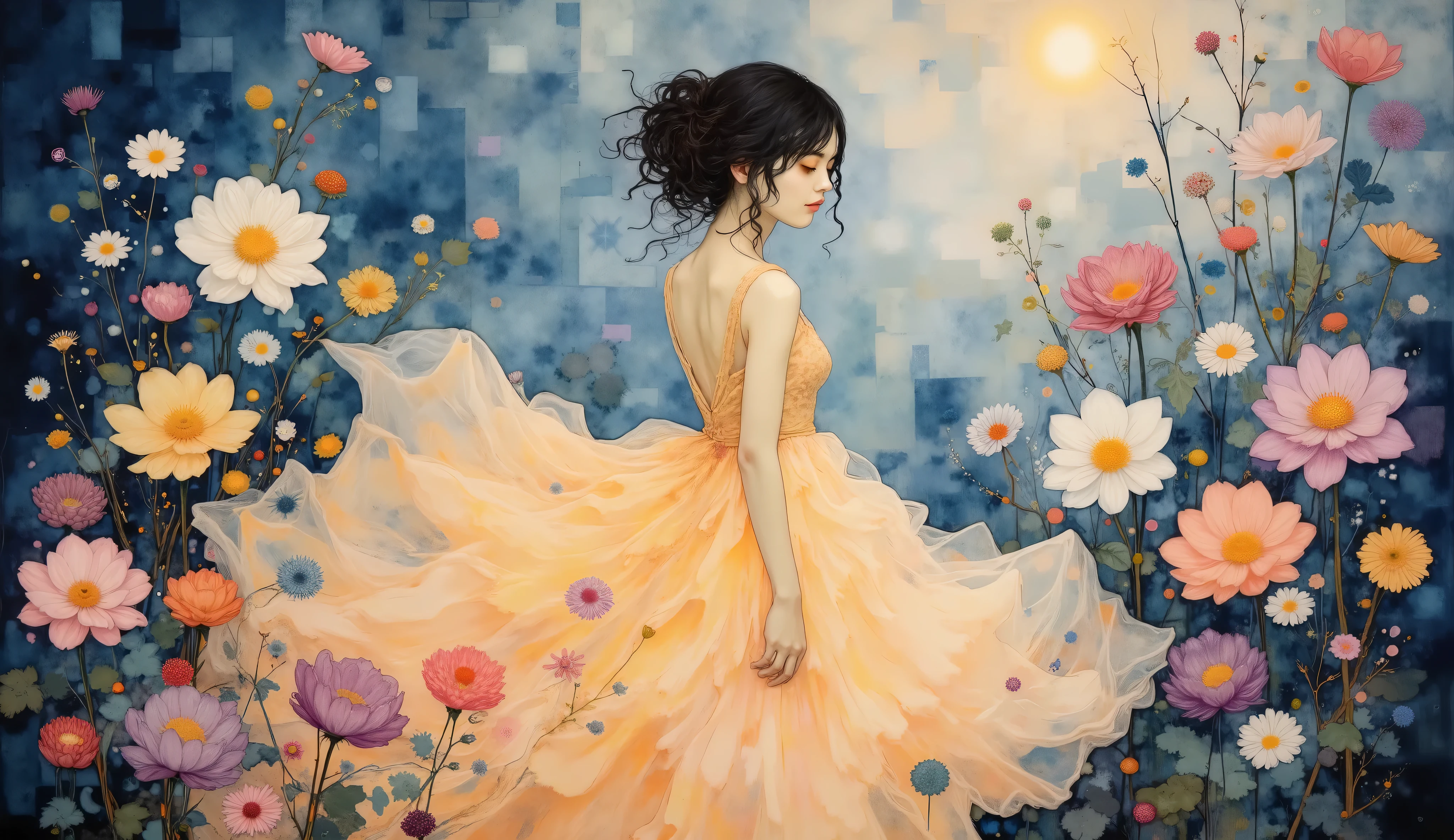 An illustration of an ethereal female figure surrounded by delicate glowing flowers, with a dreamy abstract background blending soft blues and lilacs, creating a magical atmosphere. The light from a golden glow illuminates her flowing dress, casting a radiant shine. The flowers have fine details, vibrant colors, and realistic textures. The scene evokes fantasy, painted in the style of art by Alphonse Mucha, with a soft, pastel color temperature and a glowing light. The atmosphere is otherworldly, with a serene, gentle mood --v 5 --stylize 1000