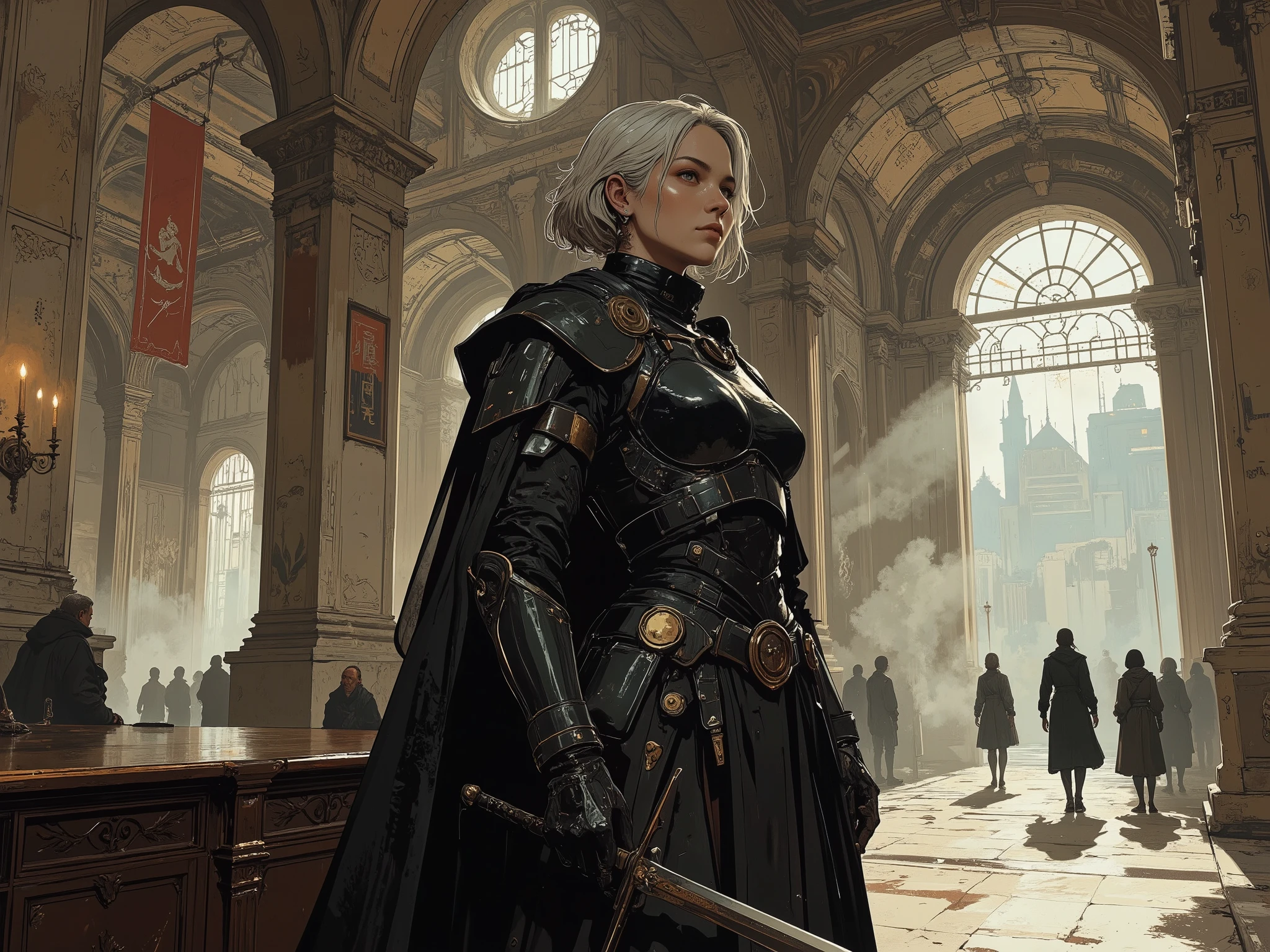 Inside the Academy A woman with about 59 years of stately posture stands alone in a large empty hall., with polished marble floors and pillars adorned with ancient flags. Her gray hair, short and practical cuts, reflect the soft light that enters through the tall windows, creating an aura of authority surrounding her. Your face, Marked by battle scars, displays a firm and penetrating expression, with dark blue eyes that carry the weight of years of responsibility. She wears black steel armor, reinforced with minimalist details, displaying wear marks from past combat.  On the right hand , holds a long sword with obsidian details, pointed down in a serene gesture eno but authoritarian. Her upright and confident posture dominates the environment, reinforcing her overwhelming and unquestionable presence. The empty and silent room amplifies the intensity of her figure and the echo of distant steps completes the scene.