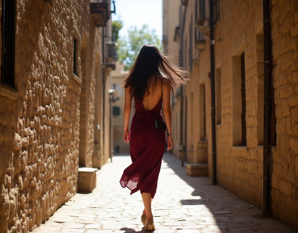 ((best quality)), ((masterpiece)), (detailed), perfect face, 1girl, solo, elegant woman, tall woman, black hair, long wavy hair, red toga, leather roman sandals, walking away from camera, walking through ancient ruins, photographed from behind, her face cannot be seen, long shot, wide shot, full shot.