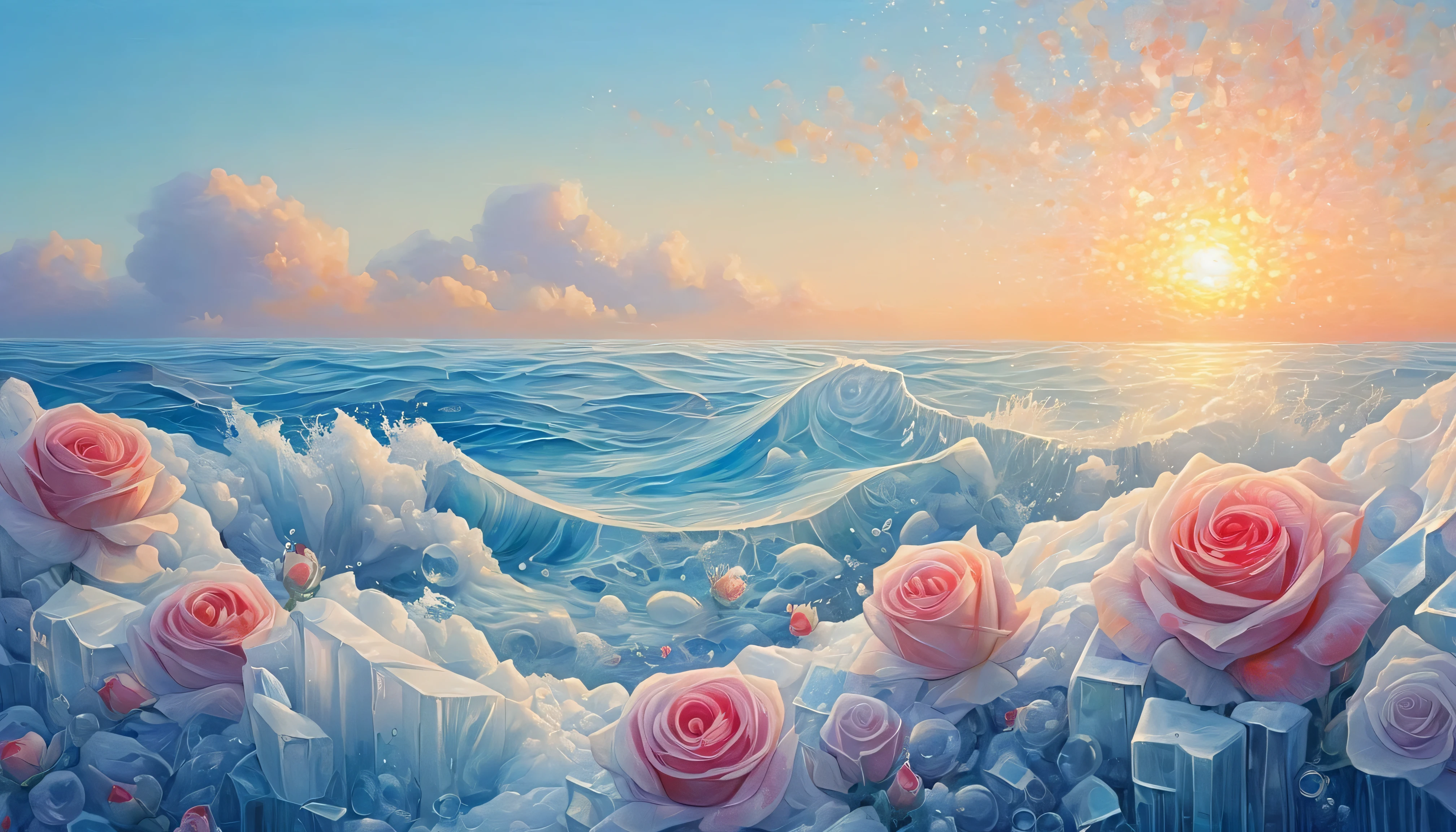 painting:(((sunrise,{{ocean}},horizon,peaceful))),Red rose in Ice cubes,Ice cubes,Frozen roses, Refracted Light