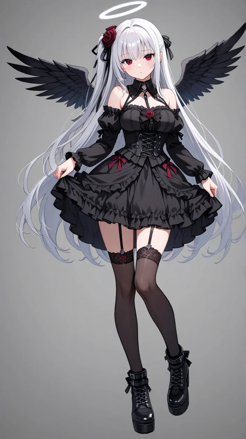 ((upright)), ((Arms at your sides)), Looking at the audience, Simple Background、White Background, 1 girl, Open your mouth, smile, Virtual YouTuber、With a girl、((Highest quality, expensive_solve, clear_image)),(Black Hair), (Black cat ears), (Ahoge), (Ridiculously short hair), (Wavy Hair),Red earring color (blue eyes),、Laughter、Very large breasts、whole body、I can see her cleavage、(wearing shoes on feet), (is wearing like the police dress shirt),((Suspender belts)),black necktie,holster,Pocket to hold a gun,((good girl)), detailed and beautiful eyes man, good looking,((an extremely delicate and beautiful)),make the eyes the same shape and color on both sides,Character Sheet,Character Reference Sheet, ((View from the front, Side view)) Symmetrical elements in clothing,